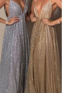 A-Line Sequins V-Neck Long Prom Dresses Formal Evening Gowns 6011190