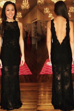 Long Black Beaded Lace Prom Dresses Formal Evening Gowns 6011209