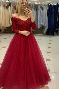 A-Line Beaded Off-the-Shoulder Lace Long Prom Dresses Formal Evening Gowns 6011213