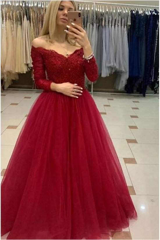 A-Line Beaded Off-the-Shoulder Lace Long Prom Dresses Formal Evening Gowns 6011213