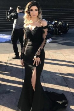 Long Black Lace Mermaid Prom Dresses Formal Evening Gowns 6011216