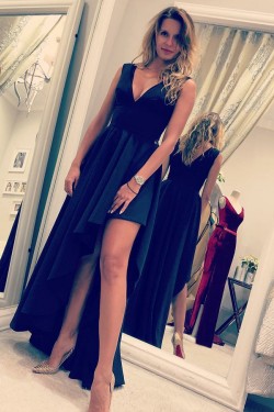 A-Line Asymmetrical V-Neck Long Prom Dresses Formal Evening Gowns 6011223