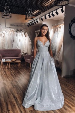 A-Line V-Neck Long Prom Dresses Formal Evening Gowns 6011232