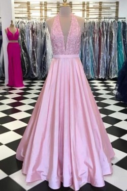 A-Line Long Pink Lace Prom Dresses Formal Evening Gowns 6011237