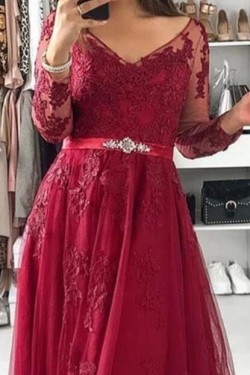 A-Line Long Sleeves Beaded Lace Long Prom Dresses Formal Evening Gowns 6011238