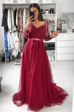 A-Line Long Sleeves Beaded Lace Long Prom Dresses Formal Evening Gowns 6011238