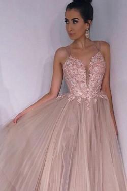 A-Line Tulle Lace Long Prom Dresses Formal Evening Gowns 6011242