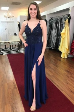 A-Line Beaded Lace Chiffon Long Prom Dresses Formal Evening Gowns 6011243