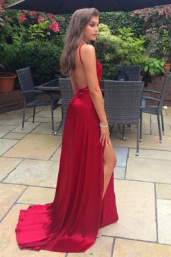 A-Line V-Neck Backless Long Prom Dresses Formal Evening Gowns 6011246