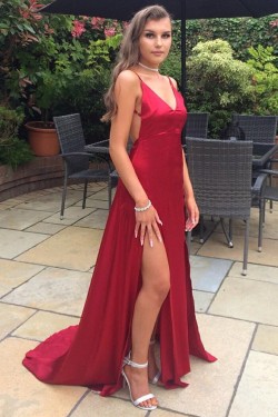 A-Line V-Neck Backless Long Prom Dresses Formal Evening Gowns 6011246