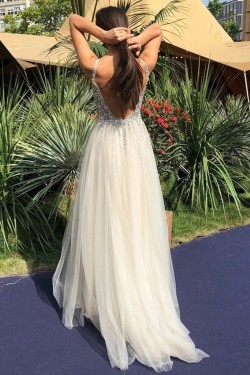 A-Line Beaded Tulle V-Neck Long Prom Dresses Formal Evening Gowns 6011248