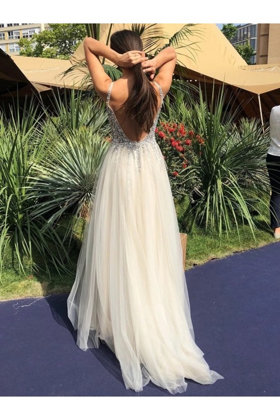 A-Line Beaded Tulle V-Neck Long Prom Dresses Formal Evening Gowns 6011248 A-Line Beaded Tulle V-Neck Long Prom Dresses Formal Evening Gowns 6011248
