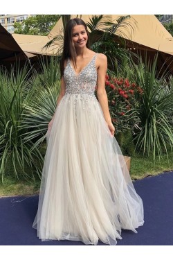 A-Line Beaded Tulle V-Neck Long Prom Dresses Formal Evening Gowns 6011248