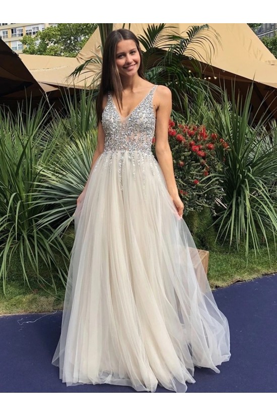 A-Line Beaded Tulle V-Neck Long Prom Dresses Formal Evening Gowns 6011248 A-Line Beaded Tulle V-Neck Long Prom Dresses Formal Evening Gowns 6011248