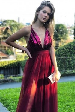 A-Line Sequins Tulle Long Prom Dresses Formal Evening Gowns 6011249