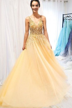 A-Line Beaded Tulle Long Prom Dresses Formal Evening Gowns 6011250
