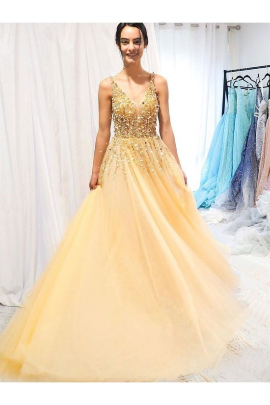 A-Line Beaded Tulle Long Prom Dresses Formal Evening Gowns 6011250 A-Line Beaded Tulle Long Prom Dresses Formal Evening Gowns 6011250