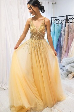 A-Line Beaded Tulle Long Prom Dresses Formal Evening Gowns 6011250