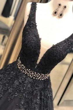 A-Line Beaded Lace Tulle Long Prom Dresses Formal Evening Gowns 6011251