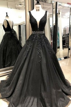 A-Line Beaded Lace Tulle Long Prom Dresses Formal Evening Gowns 6011251