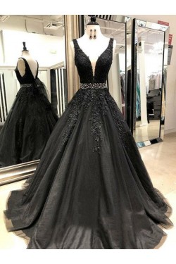 A-Line Beaded Lace Tulle Long Prom Dresses Formal Evening Gowns 6011251