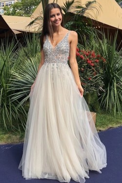 A-Line Beaded Sequins V-Neck Long Prom Dresses Formal Evening Gowns 6011256
