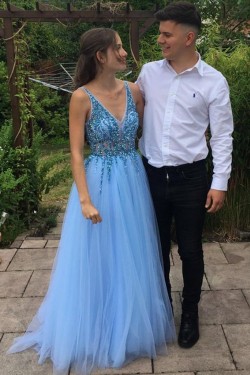 A-Line Beaded Sequins V-Neck Long Prom Dresses Formal Evening Gowns 6011256