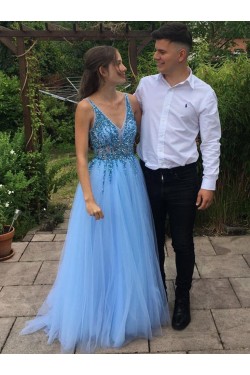 A-Line Beaded Sequins V-Neck Long Prom Dresses Formal Evening Gowns 6011256