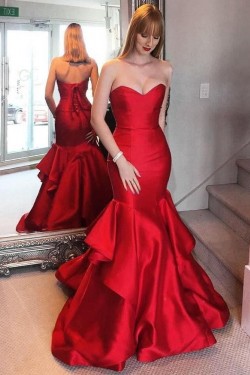 Mermaid Long Red Satin Prom Dresses Formal Evening Gowns 6011260