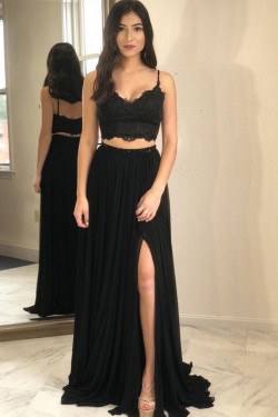 A-Line Two Pieces Long Black Prom Dresses Formal Evening Gowns 6011262