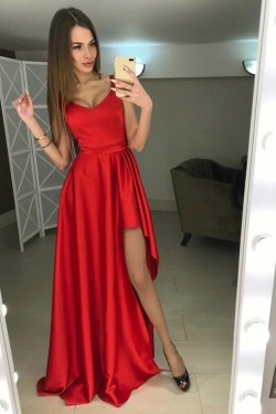 A-Line Asymmetrical Long Red Prom Dresses Formal Evening Gowns 6011263