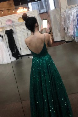 A-Line Sparkle Sequins Long Green Prom Dresses Formal Evening Gowns 6011264