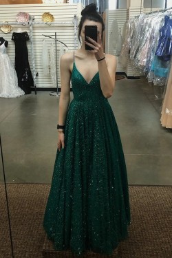 A-Line Sparkle Sequins Long Green Prom Dresses Formal Evening Gowns 6011264