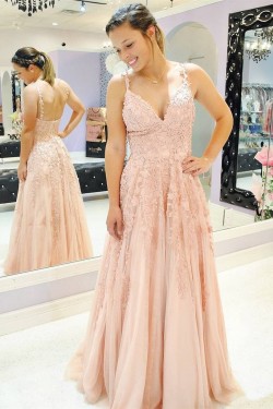 A-Line Lace V-Neck Long Prom Dresses Formal Evening Gowns 6011265