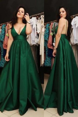 A-Line Long Green V-Neck Prom Dresses Formal Evening Gowns 6011266