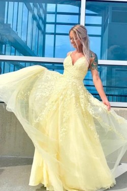A-Line Long Yellow Lace V-Neck Prom Dresses Formal Evening Gowns 6011268