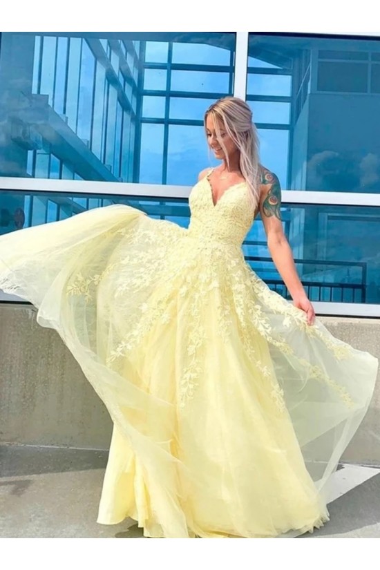 A-Line Long Yellow Lace V-Neck Prom Dresses Formal Evening Gowns 6011268 A-Line Long Yellow Lace V-Neck Prom Dresses Formal Evening Gowns 6011268