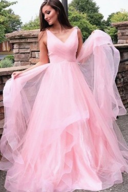 A-Line Long Pink Tulle Prom Dresses Formal Evening Gowns 6011270