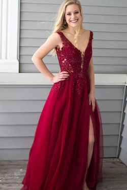 A-Line Beaded Lace Long Prom Dresses Formal Evening Gowns 6011273