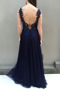 A-Line Lace Navy Blue Long Prom Dresses Formal Evening Gowns 6011278