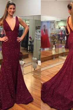 Mermaid V-Neck Sparkle Long Prom Dresses Formal Evening Gowns 6011279