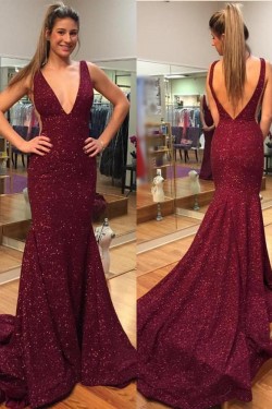 Mermaid V-Neck Sparkle Long Prom Dresses Formal Evening Gowns 6011279