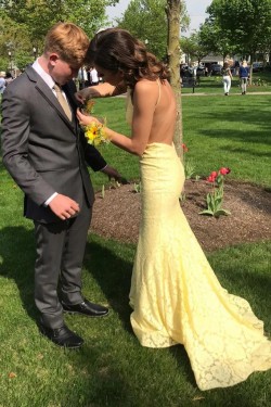 Long Yellow Lace Mermaid Backless Prom Dresses Formal Evening Gowns 6011280