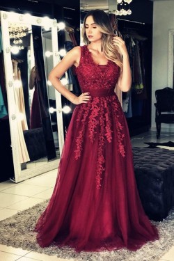 A-Line Lace Appliques Long Prom Dresses Formal Evening Gowns 6011286