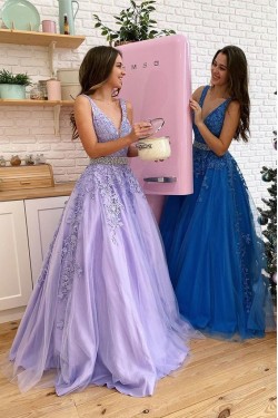 A-Line Beaded Lace Appliques Long Prom Dresses Formal Evening Gowns 6011289