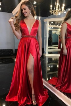 A-Line Beaded Long Red V-Neck Prom Dresses Formal Evening Gowns 6011306