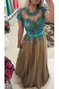 A-Line Beaded Lace Tulle Long Prom Dresses Formal Evening Gowns 6011309