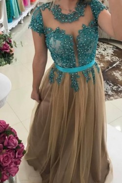 A-Line Beaded Lace Tulle Long Prom Dresses Formal Evening Gowns 6011309