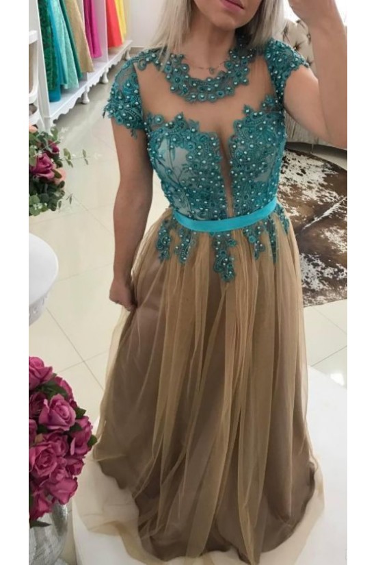 A-Line Beaded Lace Tulle Long Prom Dresses Formal Evening Gowns 6011309