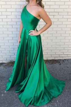 A-Line Beaded One-Shoulder Long Green Prom Dresses Formal Evening Gowns 6011315